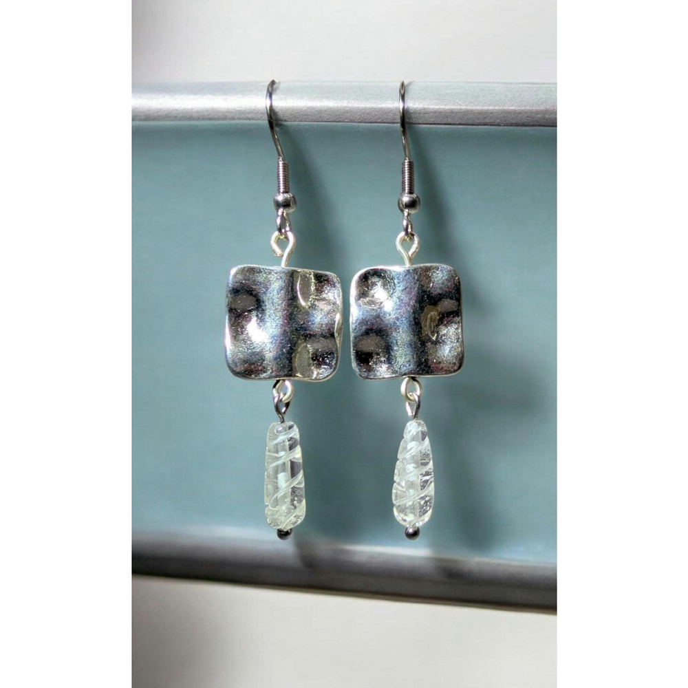 Brushed Silver Plated Square Dangle Earrings Clear White Swirl Glass Bead